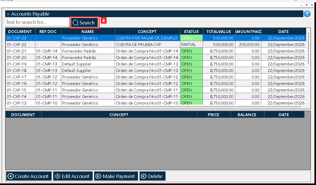«Document List» opens. The master grid lists every account with its reference, the partner, the description, the STATUS (OPEN), the total, the amount paid and the date (01-CXP-23…