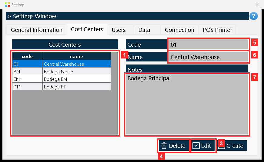 Here the cost centers (the warehouses) are managed: the grid below lists them with their «Code», «Name» and «Notes», and the buttons «», «Edit» and «Delete» create, edit and…
