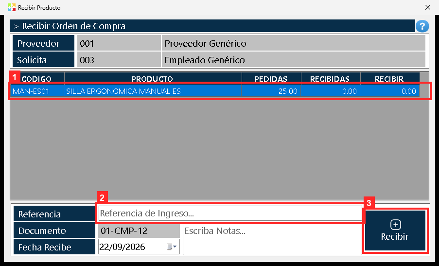 Al pulsar «Recibir Compra» sobre una orden aprobada se abre «Recibir Producto».
