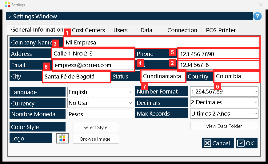 The first tab gathers the company details that appear on the documents: «Company Name» (Mi Empresa), «Address», «Email», «Phone», «TIN», «Country», «Status» (the state or…