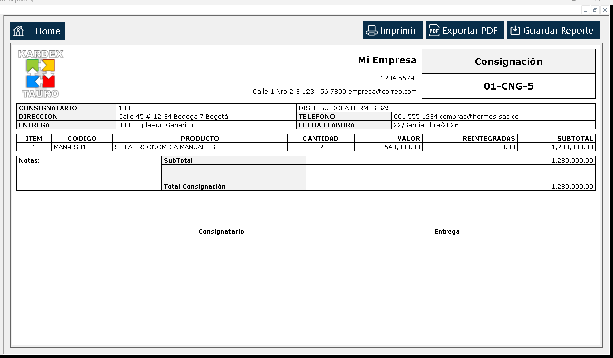 Se abre el «Visor de Reportes» con la consignación tal como saldría impresa: encabezado, el consignatario, la línea entregada y los totales.