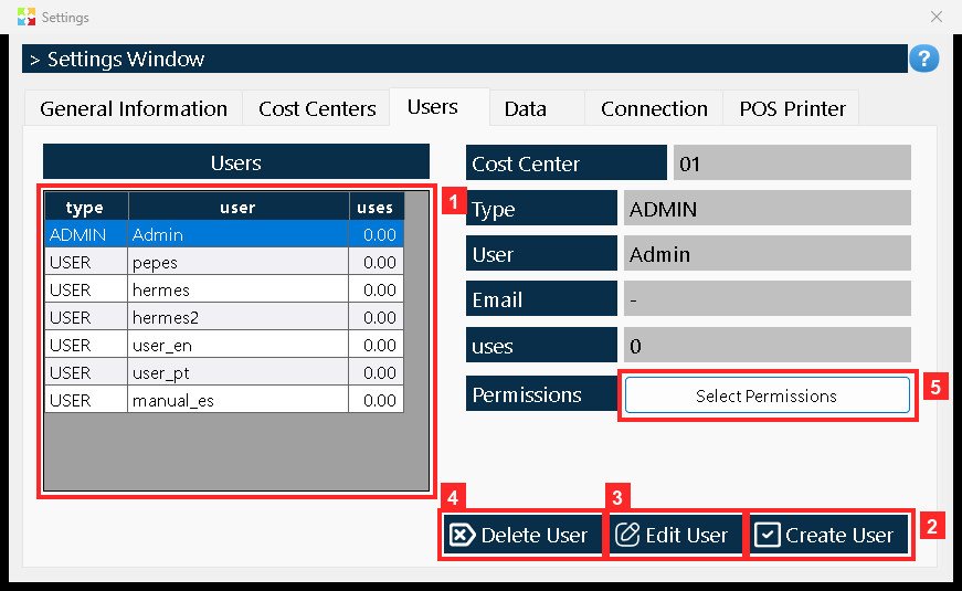 The settings window opens. Click the «Users» tab: there is the grid with every user of the program (the «Type» column says whether it is ADMIN or USER) and the buttons «Create…