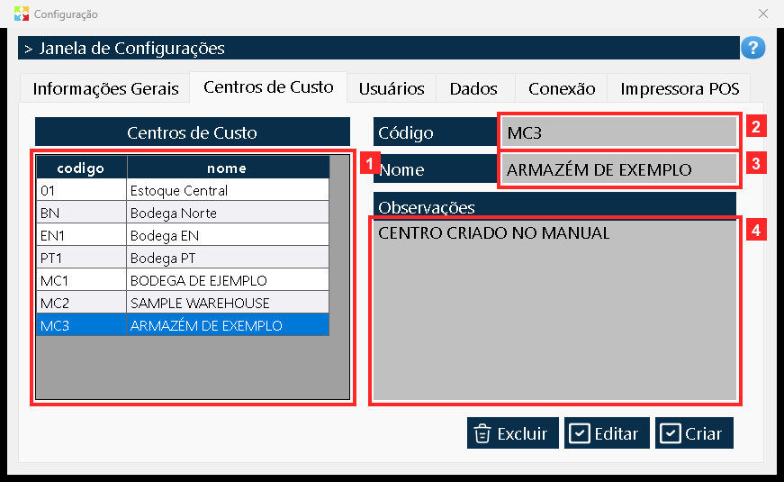 A janela fecha e o centro novo aparece na grelha com a sua fila (MC3 | ARMAZÉM DE EXEMPLO).