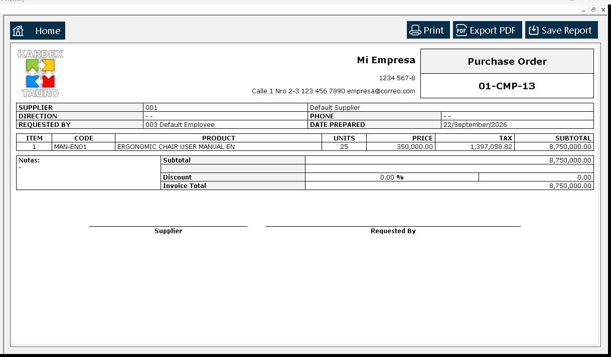 The «Report Viewer» opens with the document exactly as it would be printed: header, supplier, the purchased line and the totals.