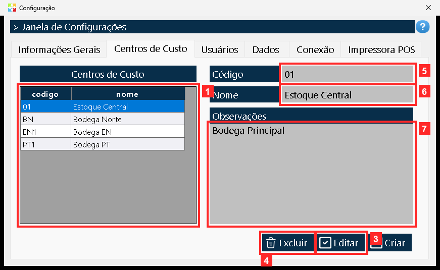 Aqui se administram os centros de custo (os armazéns): a grelha de baixo os lista com o «Código», o «Nome» e as «Observações», e os botões «», «Editar» e «Excluir» criam, editam e…