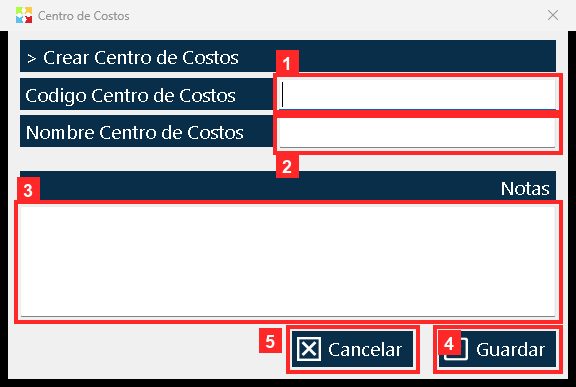 Se abre «Centro de Costos» con tres campos: «Codigo Centro de Costos» —la referencia corta del centro, puede ser un número o unas letras—, «Nombre Centro de Costos» y «Notas», una…
