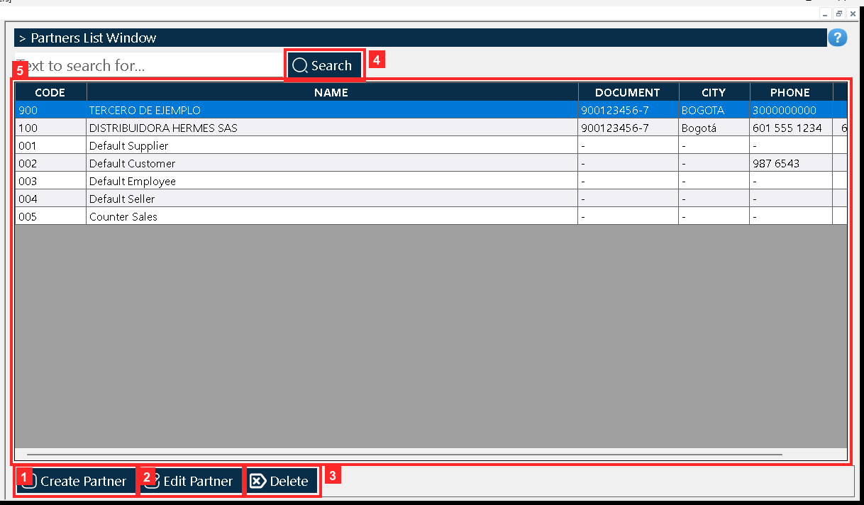 The list opens with the partner grid: every row carries «CODE», «NAME», «DOCUMENT», «CITY», «PHONE» y «DEBT».
