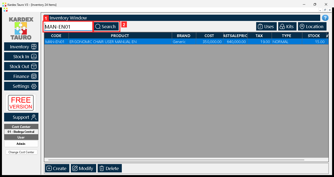 The «Inventory 24 Items» window opens inside the working area. Type the product code in the search box and press «Search»: the list is filtered down to that product.
