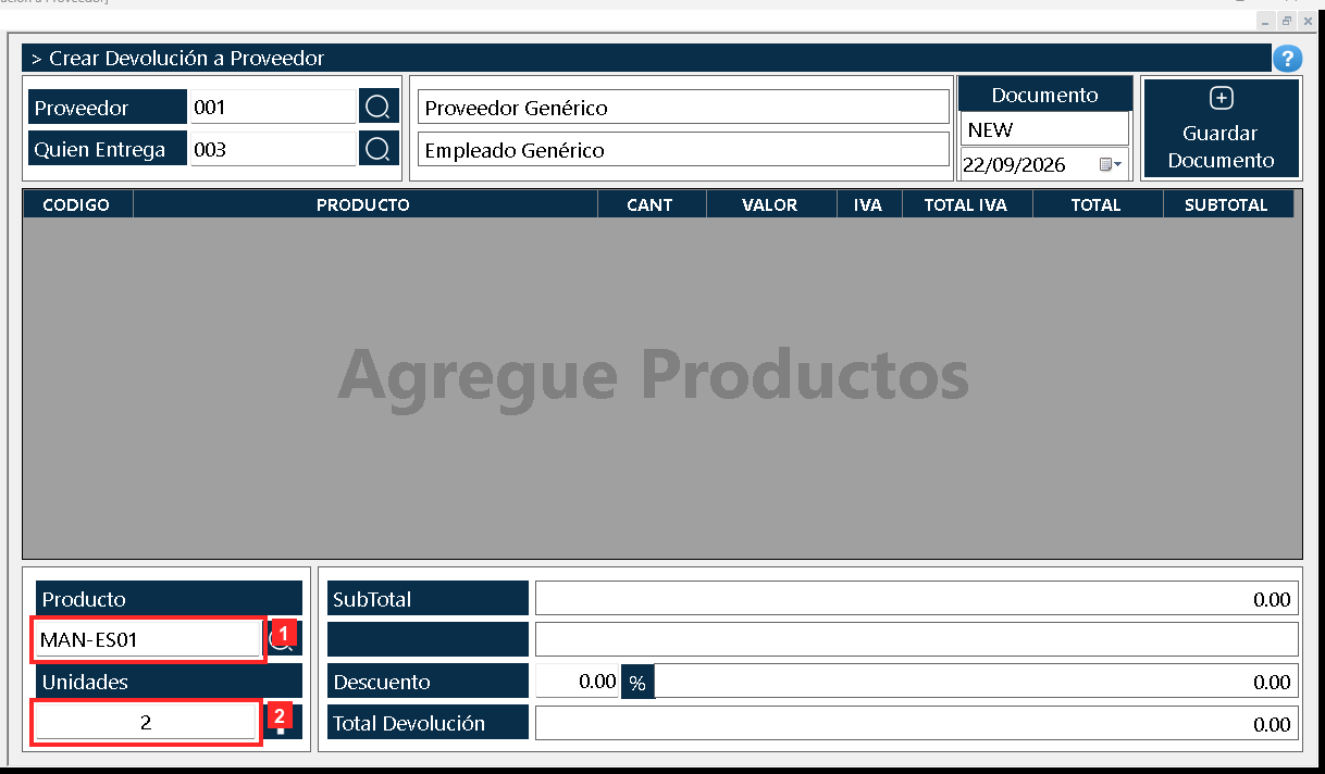En el cuerpo se arma la lista de lo que se devuelve: «Producto» es el código del producto y «Unidades» la cantidad devuelta.