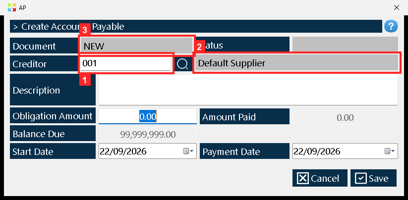 The document «AP» opens. «Creditor» is the partner of the account (001 — Default Supplier). At the top you can see «Document» («NEW»: it is assigned when saving) and «Status».