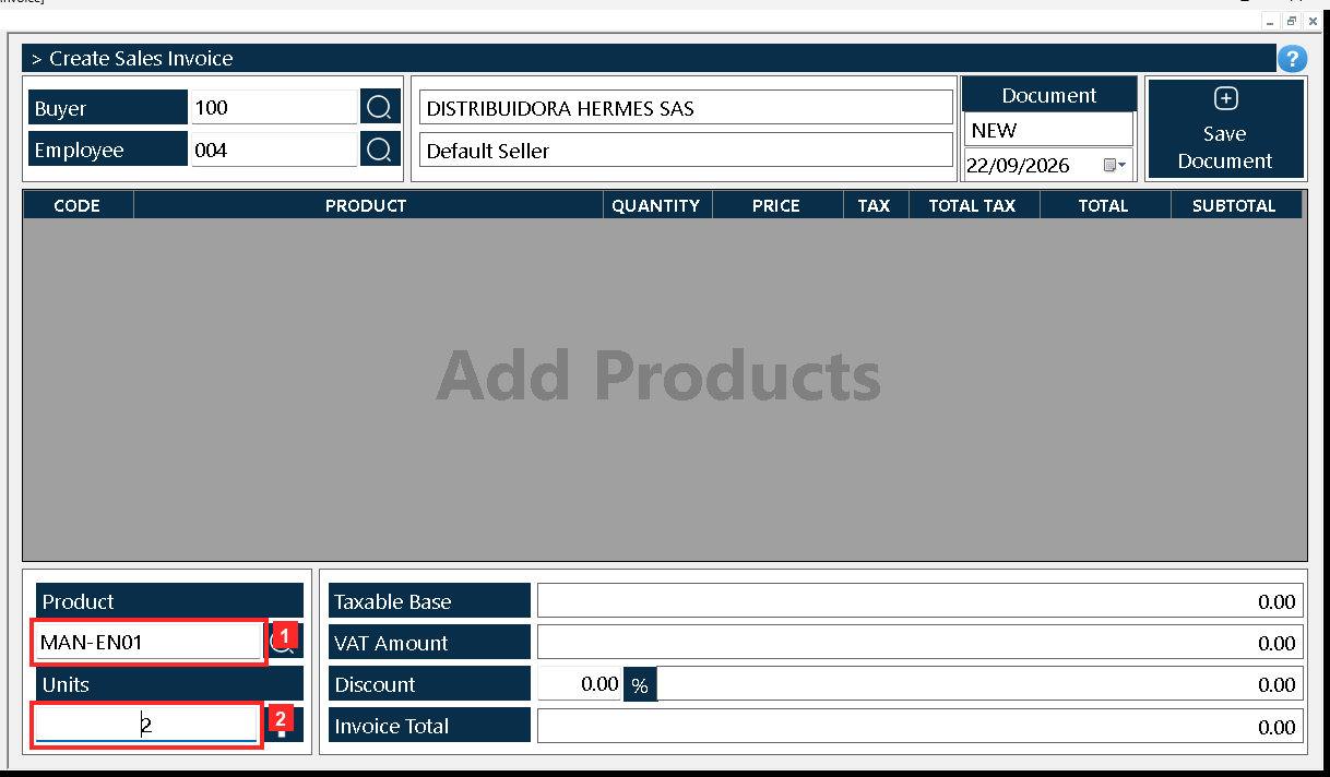 The body of the document holds the list of what is being sold: «Product» is the product code and «Units» the quantity sold.