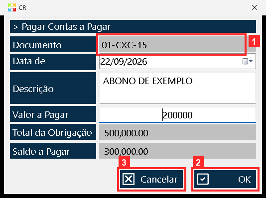 O abono é registrado com o botão «OK» da janela. Ao aceitá-lo, o programa soma o valor ao abatido da conta e deixa o movimento no caixa (entrada se se cobra, saída se se paga).