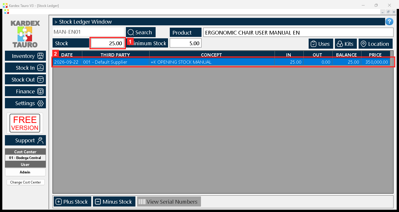 Back in the «Stock Ledger» window, press «Search» again to refresh: «Stock» now shows 25.00 and the movement of the entry appears in the list with the reason OPENING STOCK MANUAL.