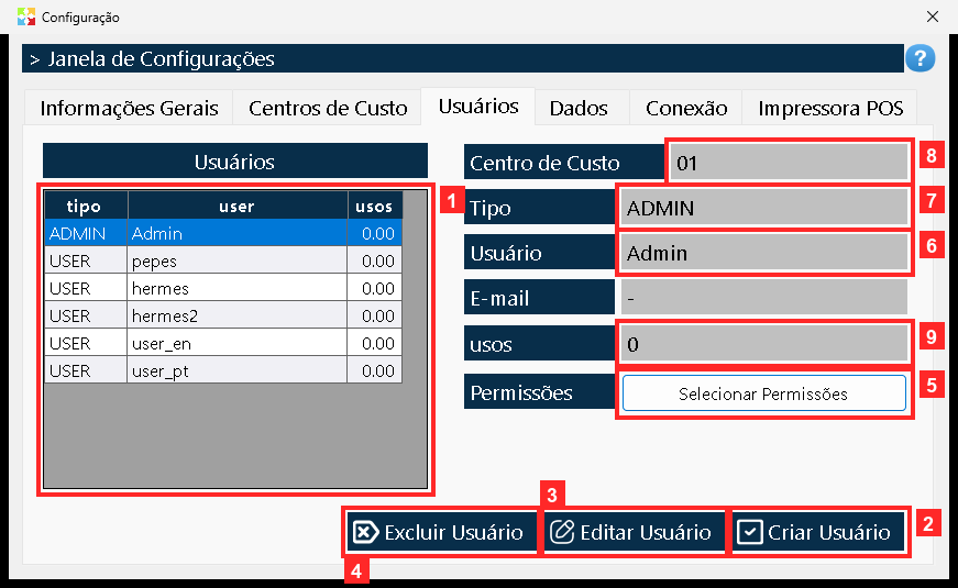 A grelha «Configuração» lista os usuários do programa e, ao selecionar um, os seus dados aparecem embaixo: «Usuário», «Tipo», «Centro de Custo», «E-mail», os «usos» e as…