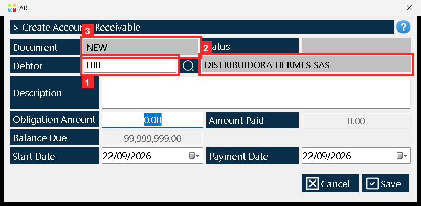 The document «AR» opens. «Debtor» is the partner of the account (100 — DISTRIBUIDORA HERMES SAS).