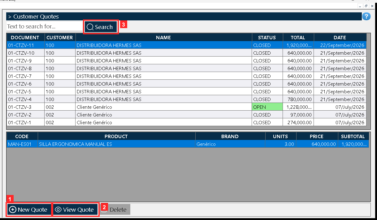 «Document List» opens: every row is a quote with its reference, the customer, the STATUS (open or closed) and the total.