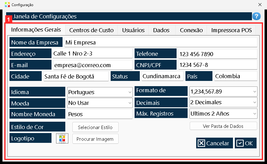 Abre-se a janela de configurações com «Informações Gerais», «Centros de Custo», «Usuários», «Dados», «Conexão» e «Impressora POS».