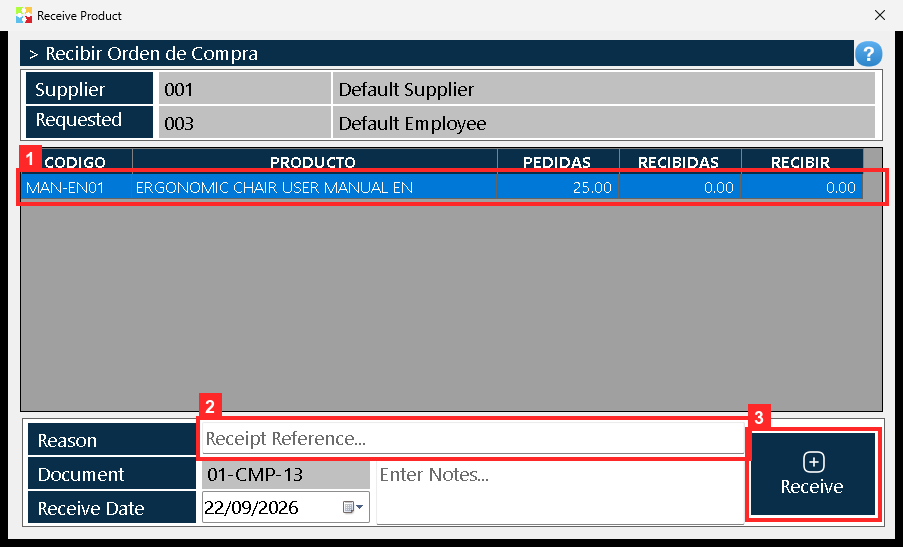 Pressing «Receive Purchase» on an approved order opens «Receive Product».