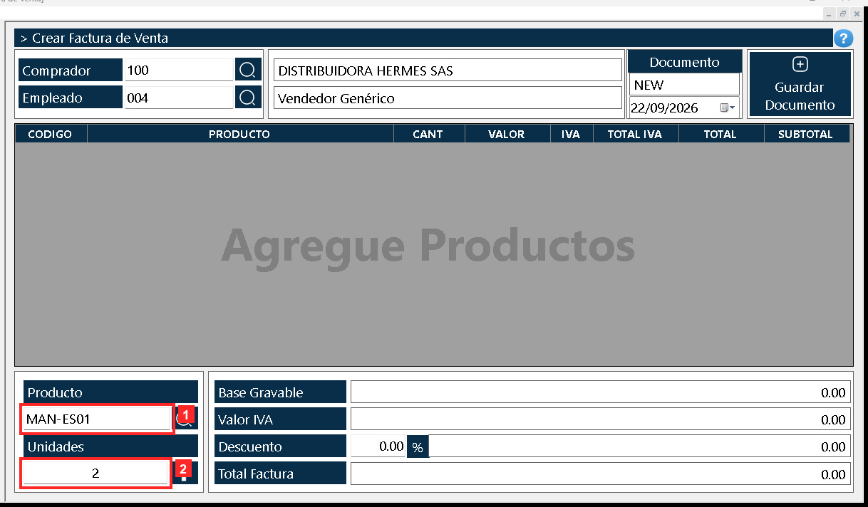 En el cuerpo del documento se arma la lista de lo que se vende: «Producto» es el código del producto y «Unidades» la cantidad vendida.