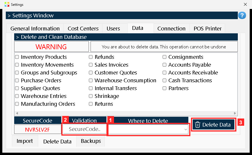 The second tab is «Delete Data»: with «Where to Delete» you choose where to delete from, in «Validation» you type the code the program asks for and «Delete Data» runs the deletion.