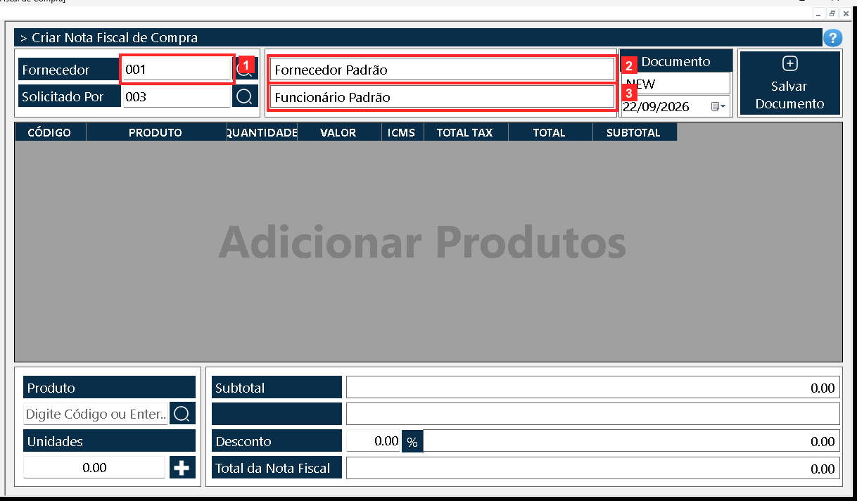 Abre-se o documento «Nota Fiscal de Compra». No cabeçalho, «Fornecedor» já traz o fornecedor padrão (001 — Fornecedor Padrão) e «Solicitado Por» o funcionário que solicita…
