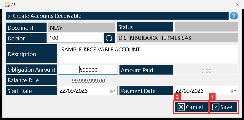 The document is saved with «Save». Unlike the warehouse documents, there is no finish dialog here: when you save, the account is registered and the document closes by itself.