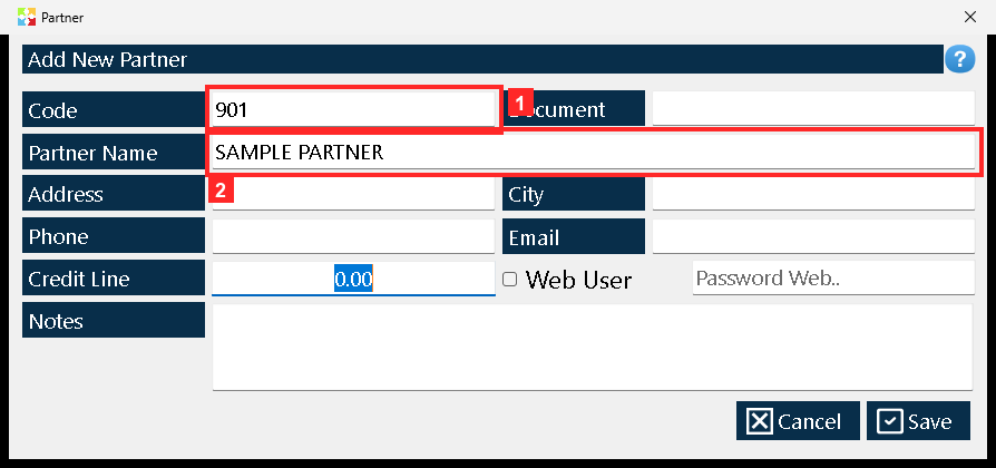 The window to add a partner opens. At the top you type «Code» —a short reference of your own, in the example 901— and «Partner Name», the partner name (in the example «SAMPLE…