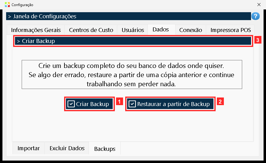 A terceira aba é «Backups»: «Criar Backup» guarda uma cópia completa do banco de dados onde você quiser e «Restaurar a partir de Backup» a restaura se algo falhar.