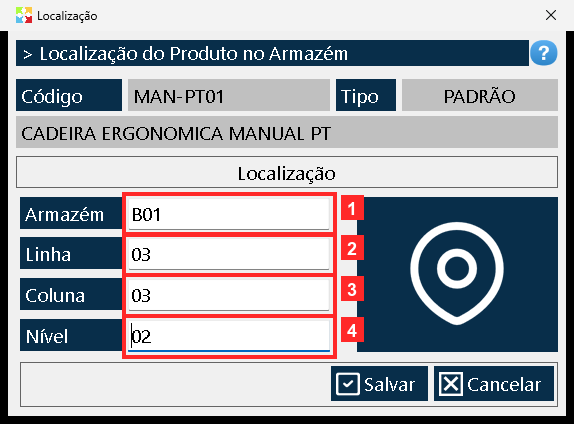 Exemplo de localização: «Armazém» = B01, «Linha» = 03, «Coluna» = 03 e «Nível» = 02.