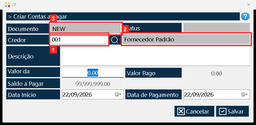 Abre-se o documento «CP». «Credor» é o terceiro da conta (001 — Fornecedor Padrão). Em cima vêem-se «Documento» («NEW»: é atribuído ao salvar) e «Status».