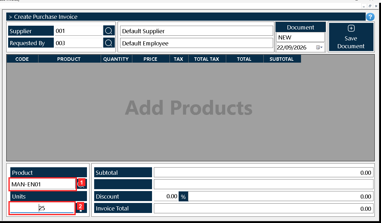 The body of the document holds the list of what is being purchased: «Product» is the product code and «Units» the ordered quantity.