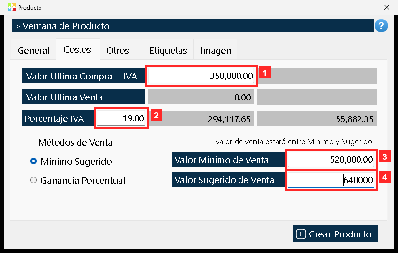 La pestaña «Costos» agrupa los precios. «Valor Ultima Compra + IVA» y «Porcentaje IVA» son la referencia de costo; con «Valor Minimo de Venta» y «Valor Sugerido de Venta» se fija…