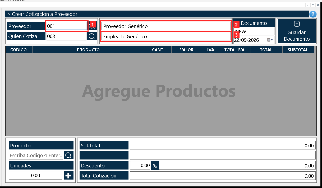 Se abre el documento «Cotización a Proveedor». En la cabecera, «Proveedor» trae el proveedor por defecto (001 — Proveedor Genérico) y «Quien Cotiza» el empleado que cotiza…