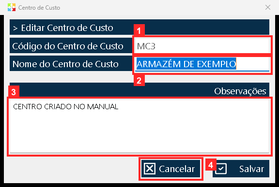 Para terminar, selecione o centro e pressione «Editar»: abre com os dados tal como ficaram guardados —«Código do Centro de Custo» MC3, «Nome do Centro de Custo» «ARMAZÉM DE…
