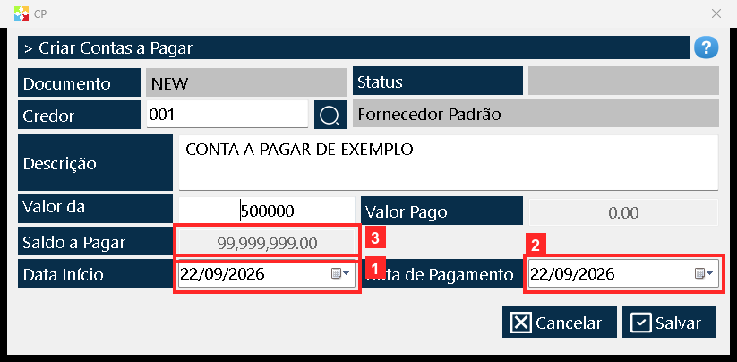 «Data Início» é a data da conta e «Data de Pagamento» a data prevista de pagamento; o programa propõe a data de hoje (22/09/2026 e 22/09/2026).