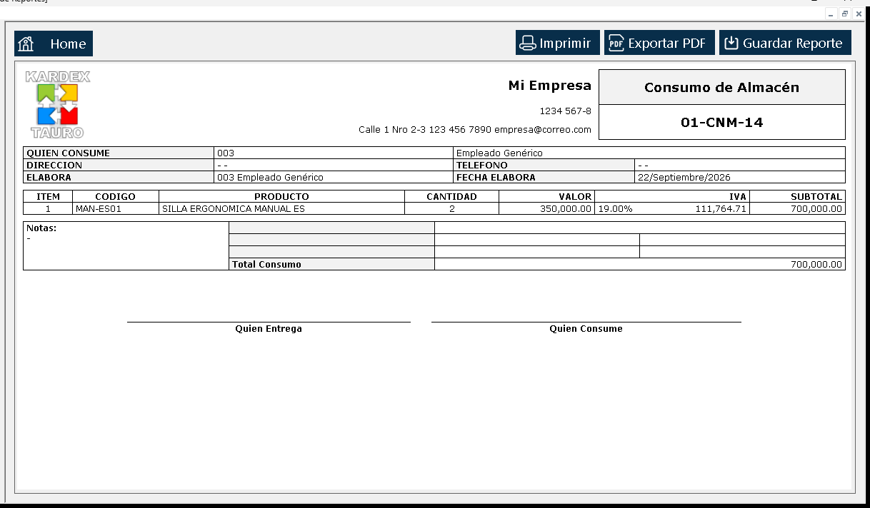 Se abre el «Visor de Reportes» con el consumo tal como saldría impreso: encabezado, quién consume, la línea dada de baja y los totales.