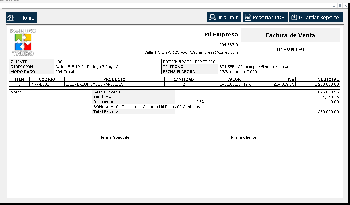 Se abre el «Visor de Reportes» con la factura tal como saldría impresa: encabezado, comprador, la línea vendida, la base gravable, el IVA y el total.