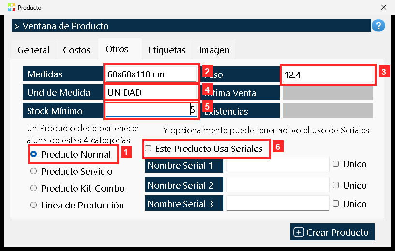 La pestaña «Otros» guarda «Medidas», «Peso», «Und de Medida» y «Stock Mínimo» (aviso para reponer).