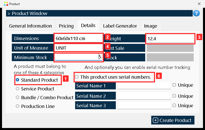 The «Details» tab stores «Dimensions», «Weight», «Unit of Measure» and «Minimum Stock» (restocking warning).