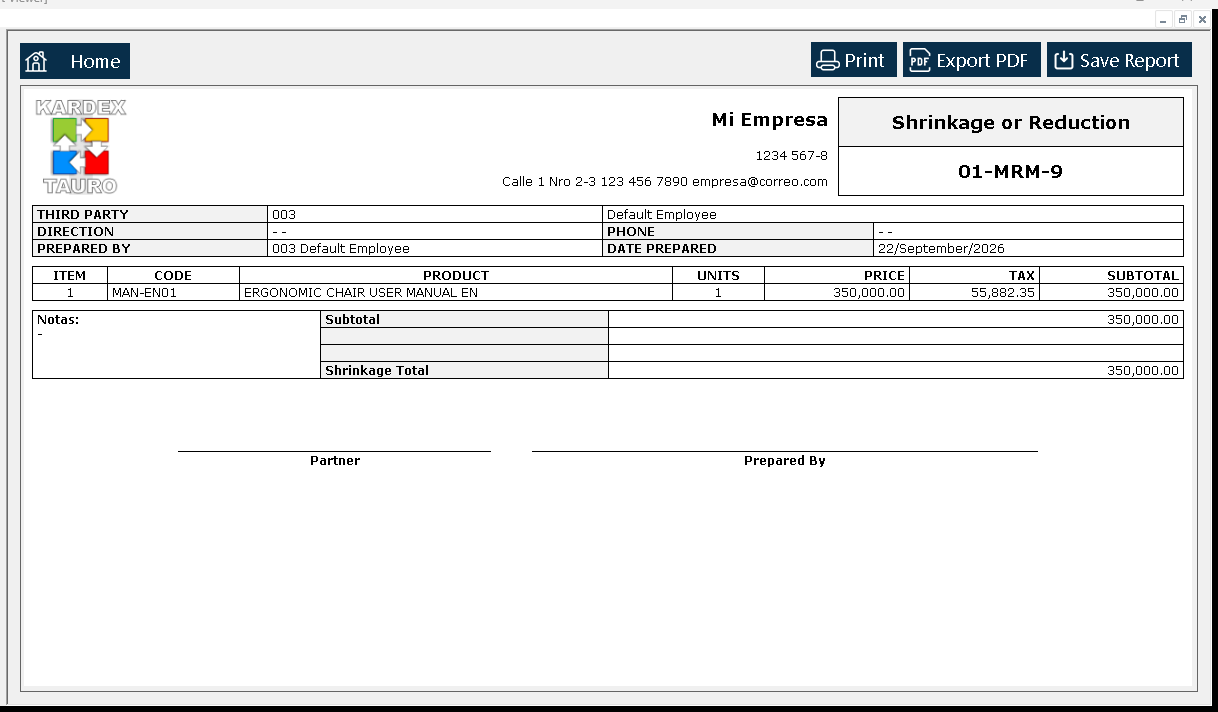 The «Report Viewer» opens with the shrinkage exactly as it would be printed: header, the partner, the written-off line and the totals.