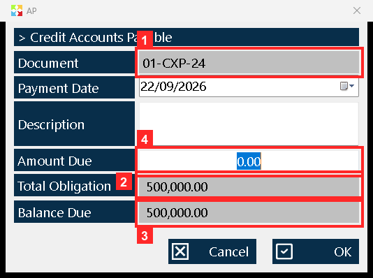 The payment window opens already showing the account data: «Document» (01-CXP-24), «Total Obligation» (500,000.00), «Balance Due» (500,000.00) and the «Payment Date» (22/09/2026).