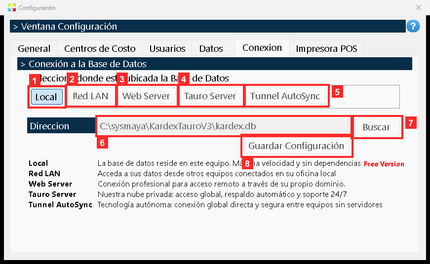 Aquí se decide dónde vive la base de datos. Las opciones son «Local» (en este equipo, lo más rápido), «Red LAN» (en la red local), «Web Server», «Tauro Server» y «Tunnel AutoSync».