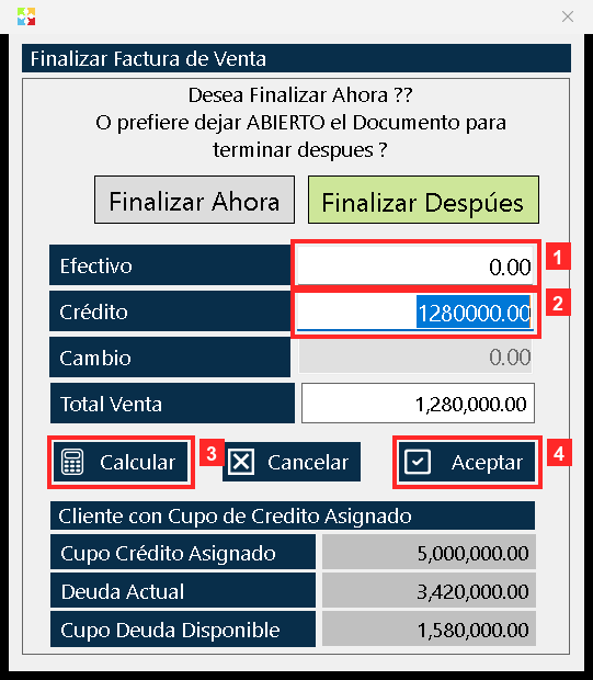 Estos campos vienen ya calculados. Si no se escribe efectivo, el programa pone todo el total en «Crédito» (1280000.00): la venta queda a crédito y el programa dejará el resto como…