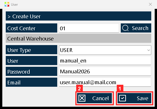 The record is saved with «Save»: it saves in one go, no extra steps. «Cancel» closes without creating the user.