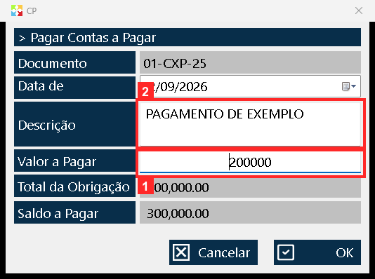 Escreve-se em «Valor a Pagar» o valor que se abate —no exemplo 200000, uma parte do saldo— e em «Descrição» uma nota para o identificar («PAGAMENTO DE EXEMPLO»).