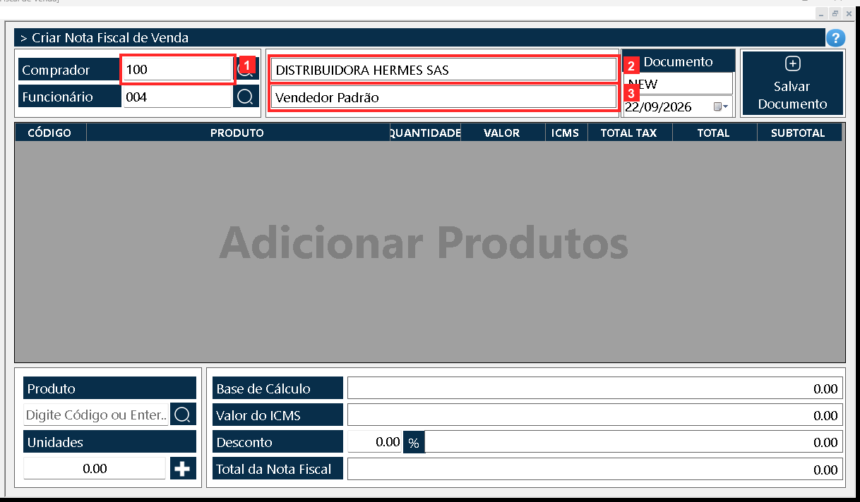 Abre-se o documento «Nota Fiscal de Venda». No cabeçalho, «Comprador» é o cliente (100 — DISTRIBUIDORA HERMES SAS) e «Funcionário» o funcionário que vende (Vendedor Padrão).