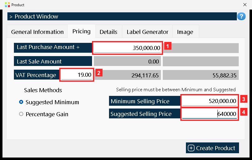 The «Pricing» tab holds the prices. «Last Purchase Amount + VAT» and «VAT Percentage» are the cost reference; «Minimum Selling Price» and «Suggested Selling Price» set the sales…