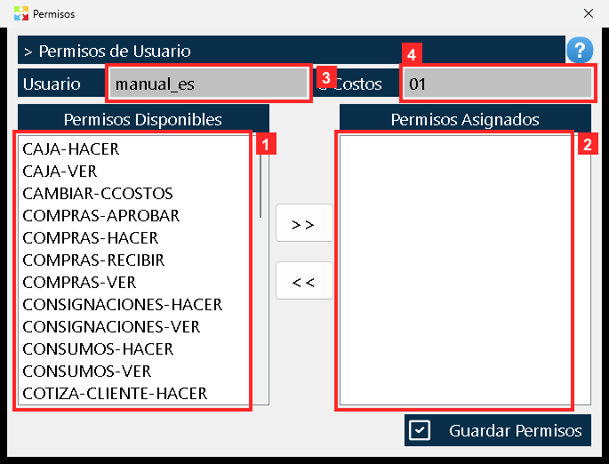 Pulse «» y se abre «> Permisos de Usuario» para ese usuario: arriba se ve a quién se le están asignando («Usuario» y «C Costos») y abajo están las dos listas, «Permisos…