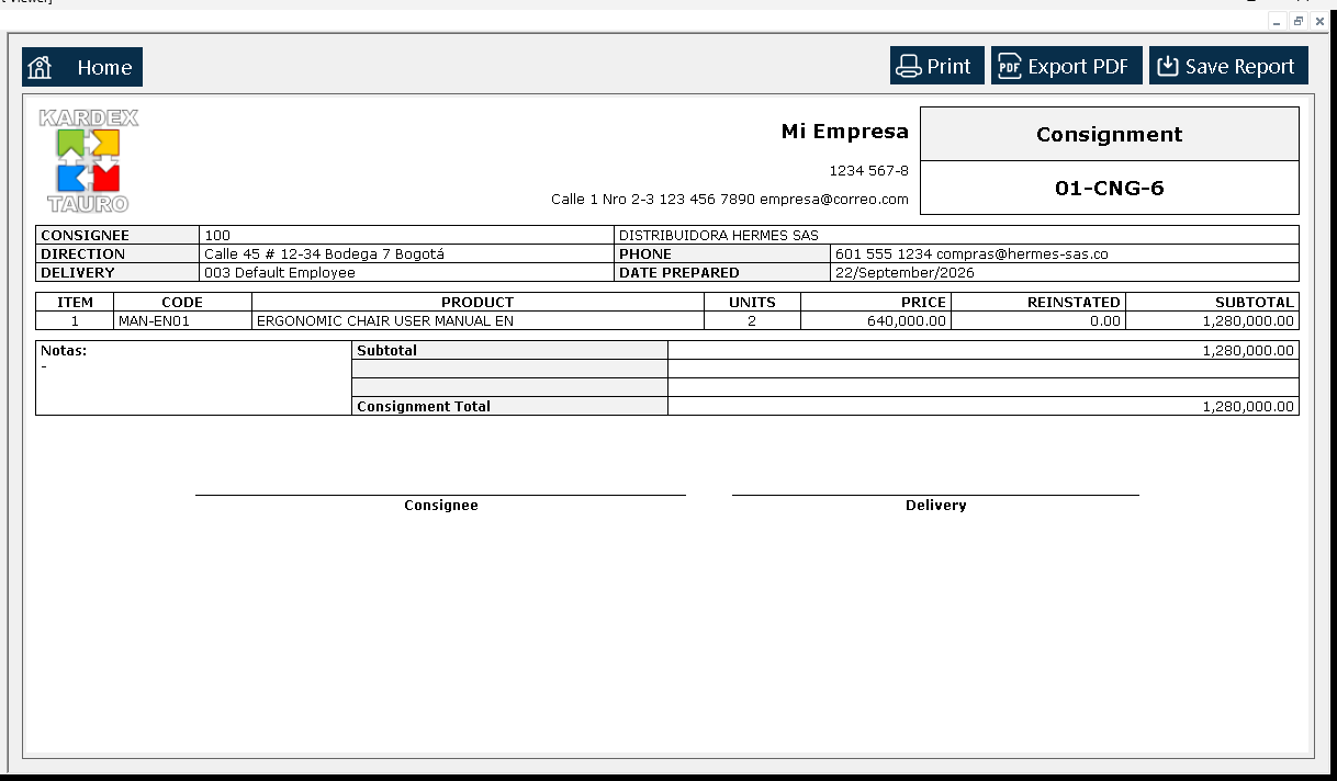 The «Report Viewer» opens with the consignment exactly as it would be printed: header, the consignee, the delivered line and the totals.