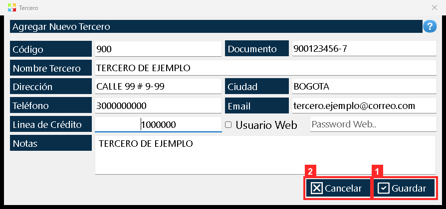 El alta se guarda con «Guardar»: aquí no hay diálogo de finalizar, se guarda de una vez. «Cancelar» cierra la ventana sin guardar nada.